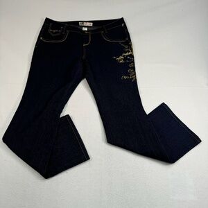 Mecca Femme Gold Accent Flare Jeans Womens Plus Size 14W Dark Wash High Rise